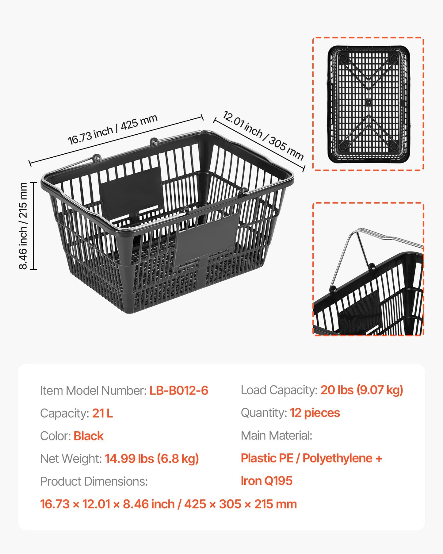 Shopping Baskets, 12 PCS, 21L Stackable PE Plastic Grocery Baskets with Handles, Dense Mesh Structure, Holds up to 9.07kg, Portable for Grocery, Retail, Stores, Supermarket, Home Use, Black