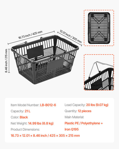 Shopping Baskets, 12 PCS, 21L Stackable PE Plastic Grocery Baskets with Handles, Dense Mesh Structure, Holds up to 9.07kg, Portable for Grocery, Retail, Stores, Supermarket, Home Use, Black