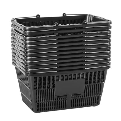 Shopping Baskets, 12 PCS, 21L Stackable PE Plastic Grocery Baskets with Handles, Dense Mesh Structure, Holds up to 9.07kg, Portable for Grocery, Retail, Stores, Supermarket, Home Use, Black
