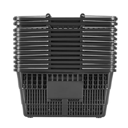 Shopping Baskets, 12 PCS, 21L Stackable PE Plastic Grocery Baskets with Handles, Dense Mesh Structure, Holds up to 9.07kg, Portable for Grocery, Retail, Stores, Supermarket, Home Use, Black