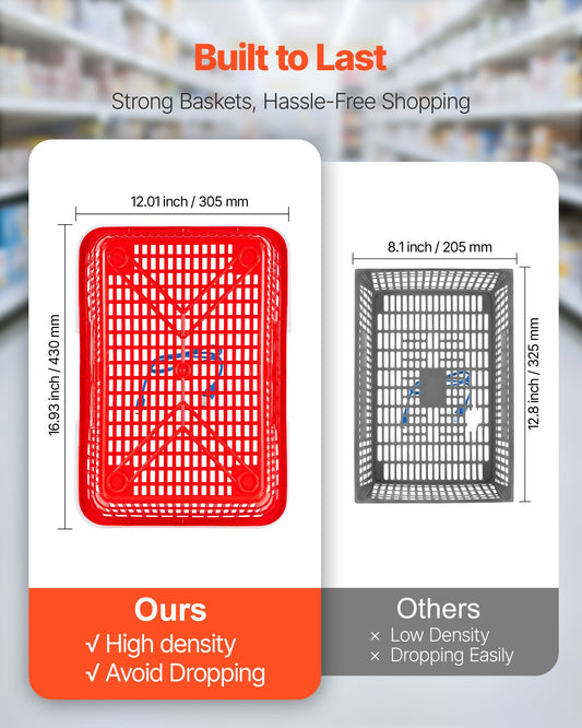 Shopping Baskets, 4 PCS, 21L Stackable PE Plastic Grocery Baskets with Handles, Dense Mesh Structure, Holds up to 9.07kg, Portable for Grocery, Retail, Stores, Supermarket, Home Use, Red
