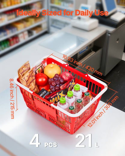 Shopping Baskets, 4 PCS, 21L Stackable PE Plastic Grocery Baskets with Handles, Dense Mesh Structure, Holds up to 9.07kg, Portable for Grocery, Retail, Stores, Supermarket, Home Use, Red