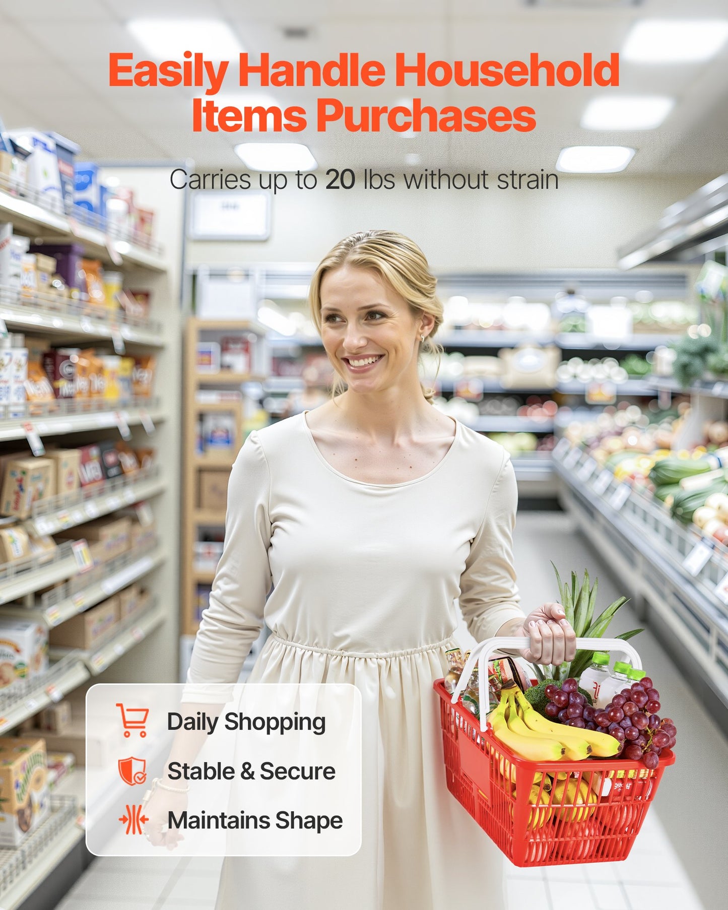 Shopping Baskets, 4 PCS, 21L Stackable PE Plastic Grocery Baskets with Handles, Dense Mesh Structure, Holds up to 9.07kg, Portable for Grocery, Retail, Stores, Supermarket, Home Use, Red