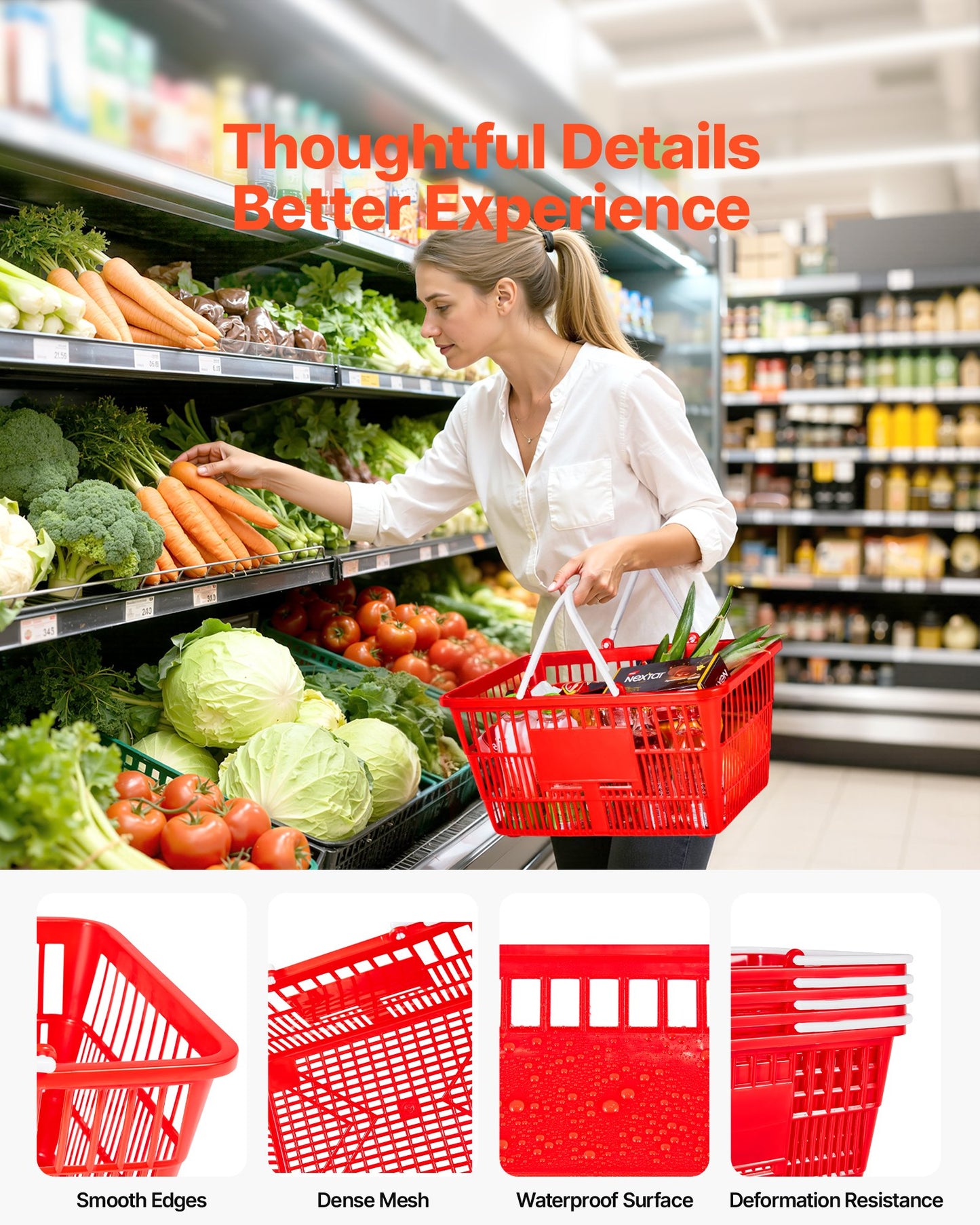 Shopping Baskets, 4 PCS, 21L Stackable PE Plastic Grocery Baskets with Handles, Dense Mesh Structure, Holds up to 9.07kg, Portable for Grocery, Retail, Stores, Supermarket, Home Use, Red