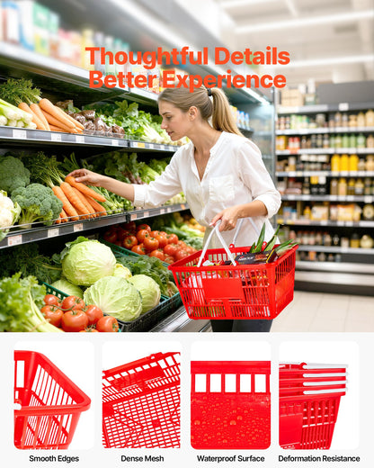 Shopping Baskets, 4 PCS, 21L Stackable PE Plastic Grocery Baskets with Handles, Dense Mesh Structure, Holds up to 9.07kg, Portable for Grocery, Retail, Stores, Supermarket, Home Use, Red