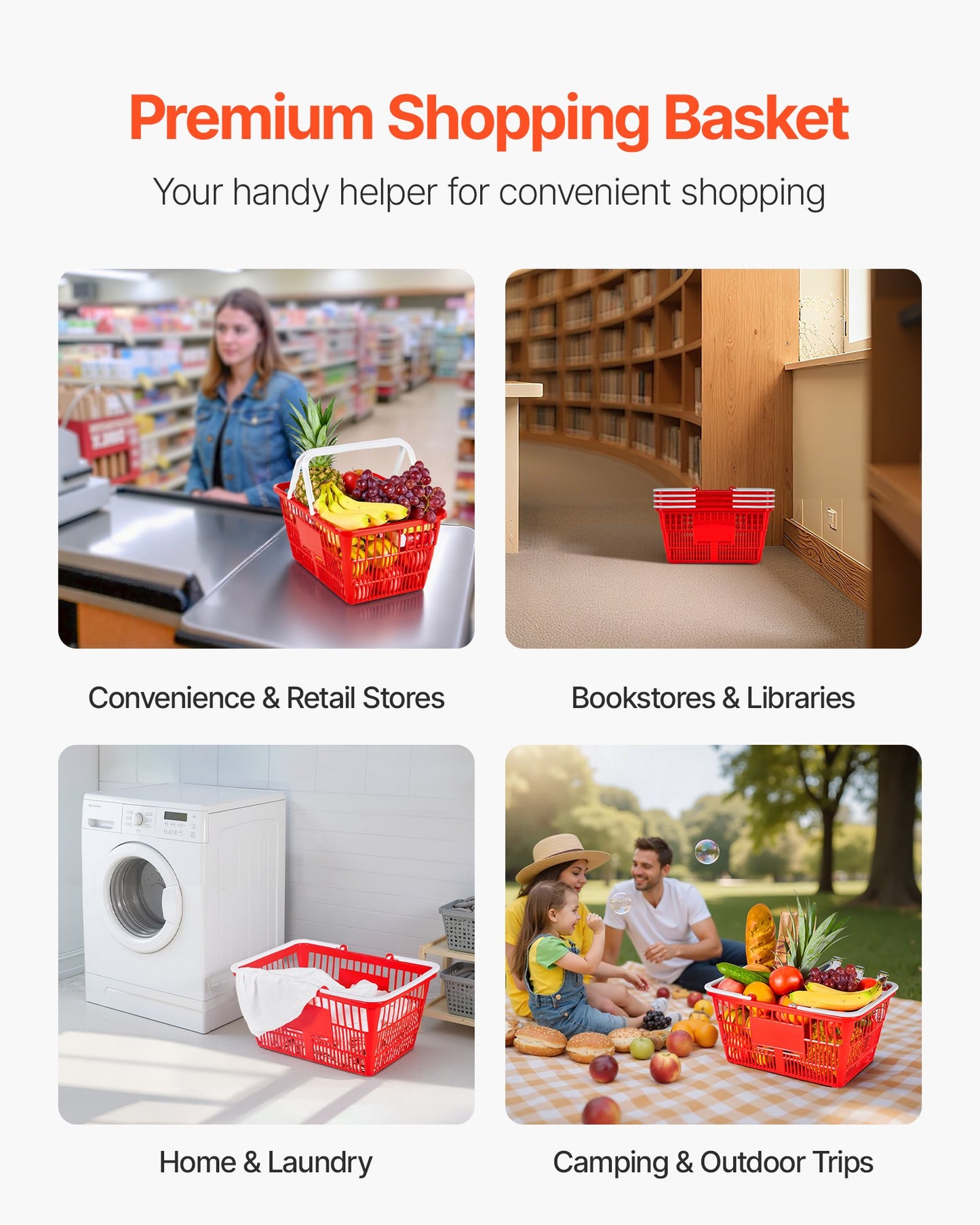 Shopping Baskets, 4 PCS, 21L Stackable PE Plastic Grocery Baskets with Handles, Dense Mesh Structure, Holds up to 9.07kg, Portable for Grocery, Retail, Stores, Supermarket, Home Use, Red