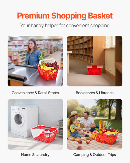 Shopping Baskets, 4 PCS, 21L Stackable PE Plastic Grocery Baskets with Handles, Dense Mesh Structure, Holds up to 9.07kg, Portable for Grocery, Retail, Stores, Supermarket, Home Use, Red