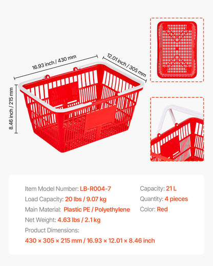 Shopping Baskets, 4 PCS, 21L Stackable PE Plastic Grocery Baskets with Handles, Dense Mesh Structure, Holds up to 9.07kg, Portable for Grocery, Retail, Stores, Supermarket, Home Use, Red