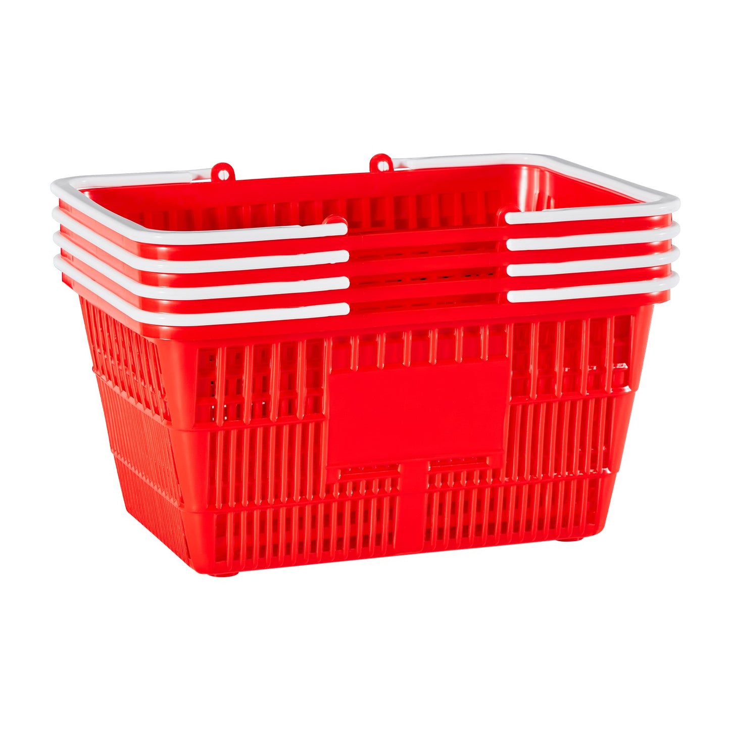 Shopping Baskets, 4 PCS, 21L Stackable PE Plastic Grocery Baskets with Handles, Dense Mesh Structure, Holds up to 9.07kg, Portable for Grocery, Retail, Stores, Supermarket, Home Use, Red