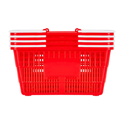 Shopping Baskets, 4 PCS, 21L Stackable PE Plastic Grocery Baskets with Handles, Dense Mesh Structure, Holds up to 9.07kg, Portable for Grocery, Retail, Stores, Supermarket, Home Use, Red