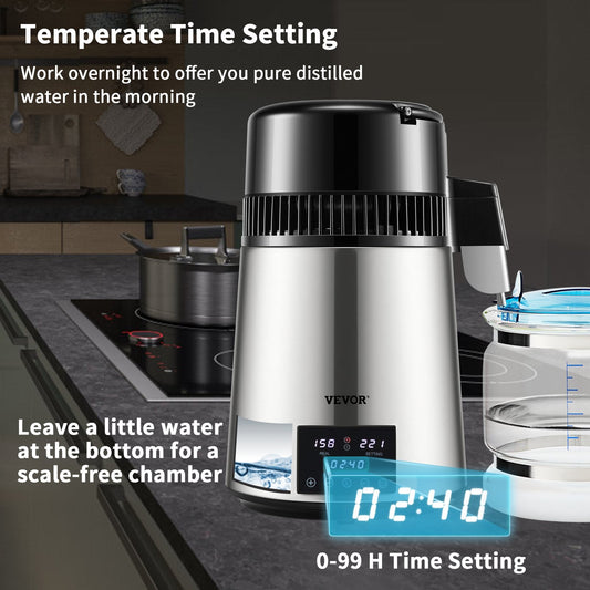 4L Water Distiller with Timing and Dual-Temp Control, Stainless Steel, Silver