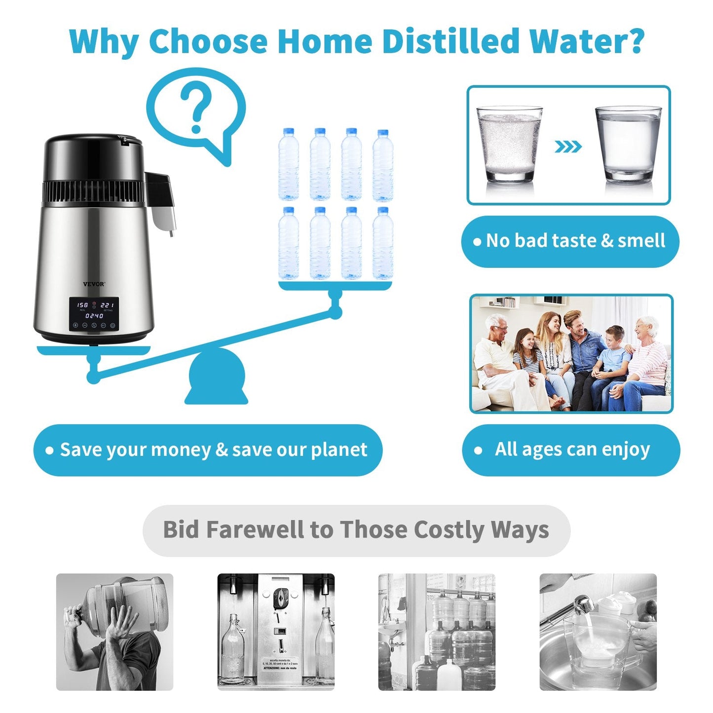 4L Water Distiller with Timing and Dual-Temp Control, Stainless Steel, Silver