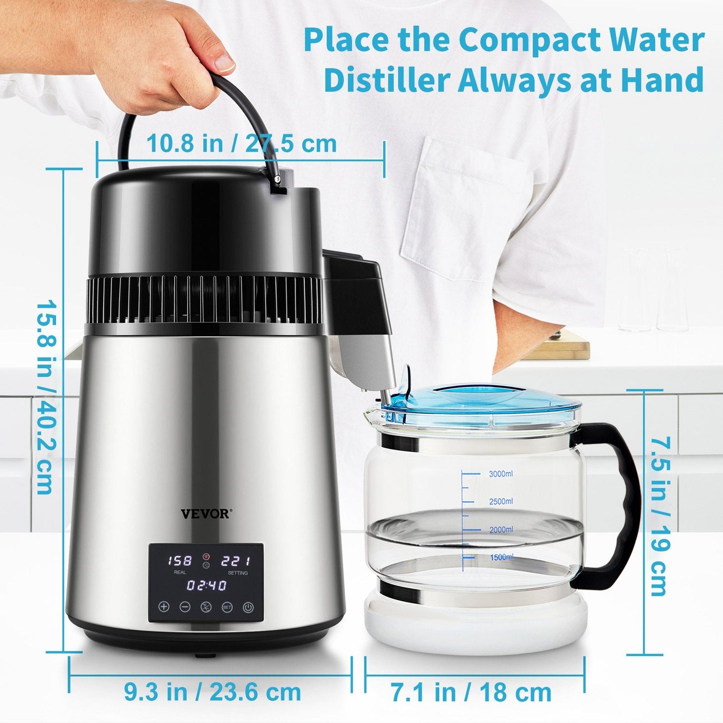 4L Water Distiller with Timing and Dual-Temp Control, Stainless Steel, Silver