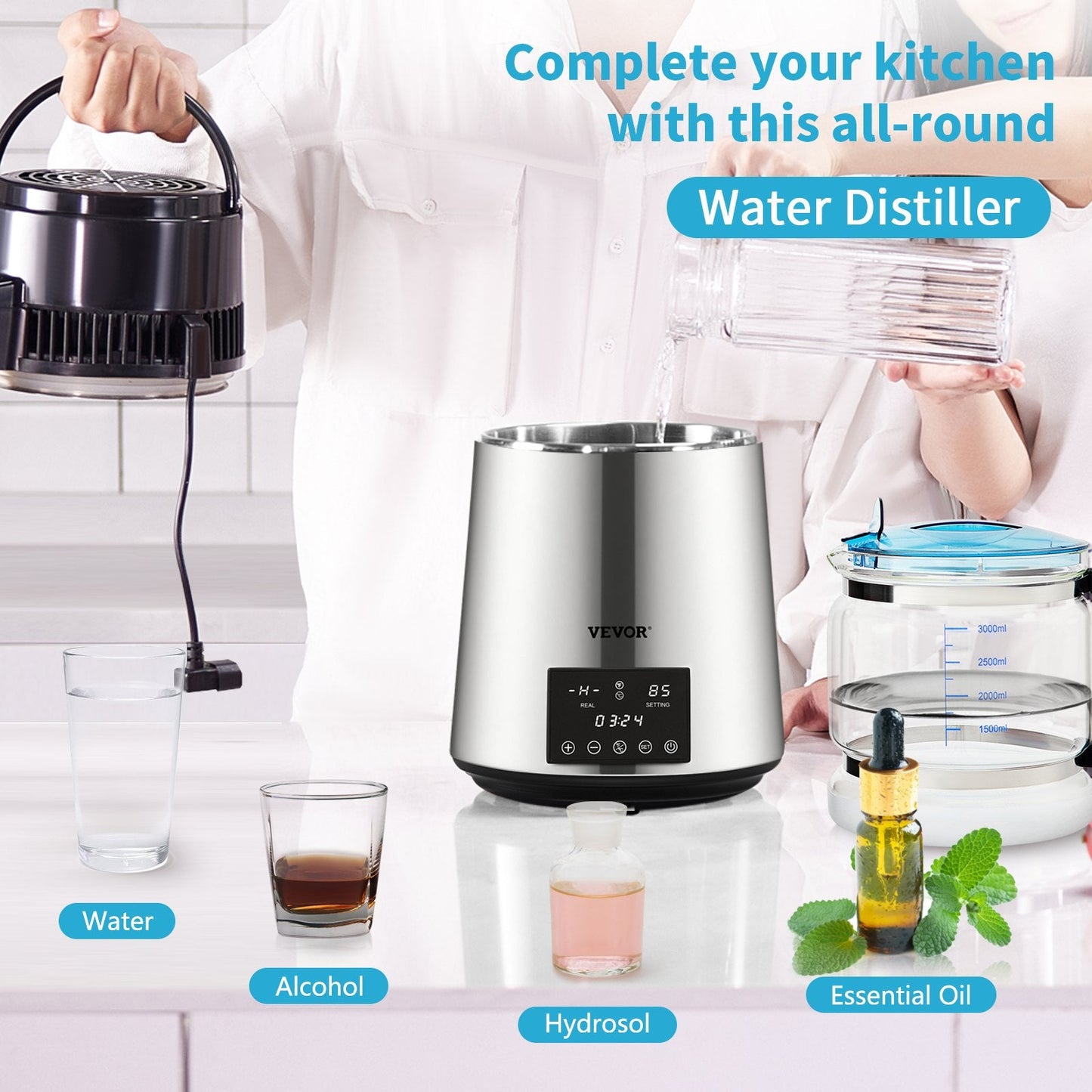 4L Water Distiller with Touch Screen & Dual Temp Control, 1 L/H, Silver