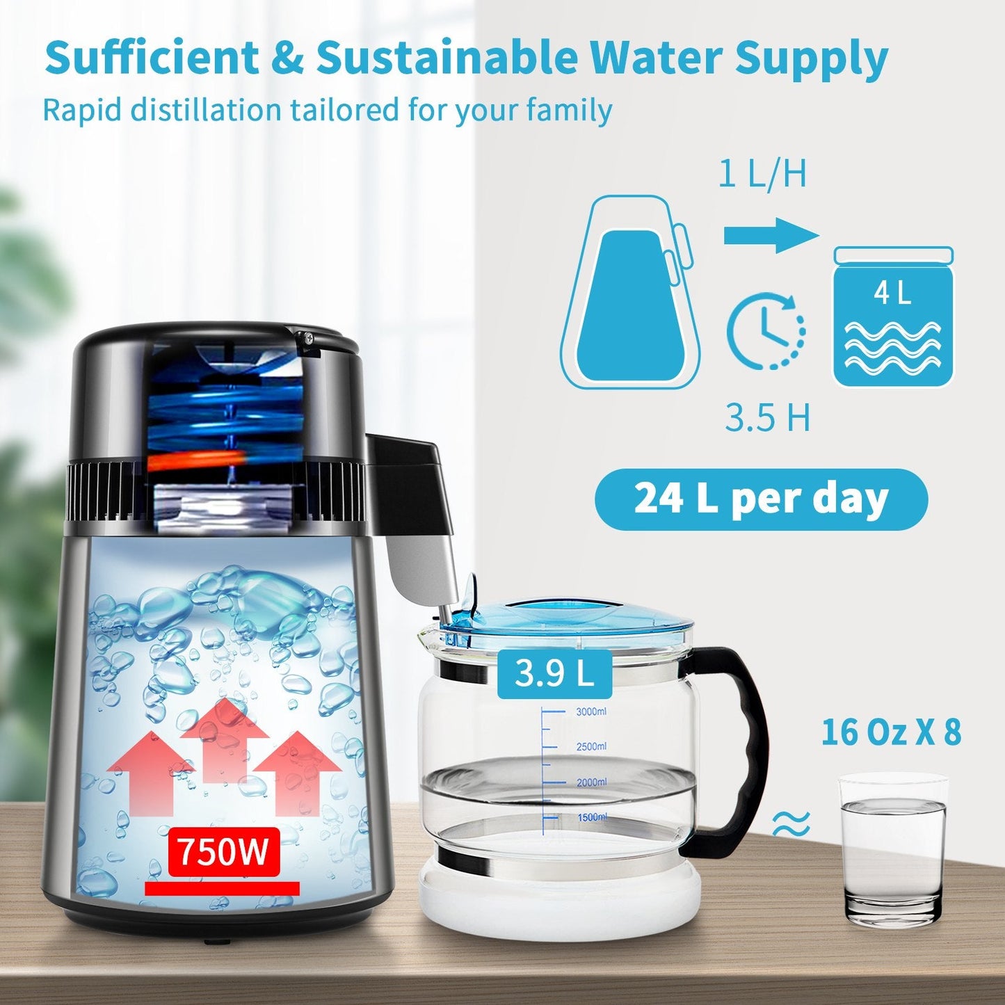 4L Water Distiller with Touch Screen & Dual Temp Control, 1 L/H, Silver