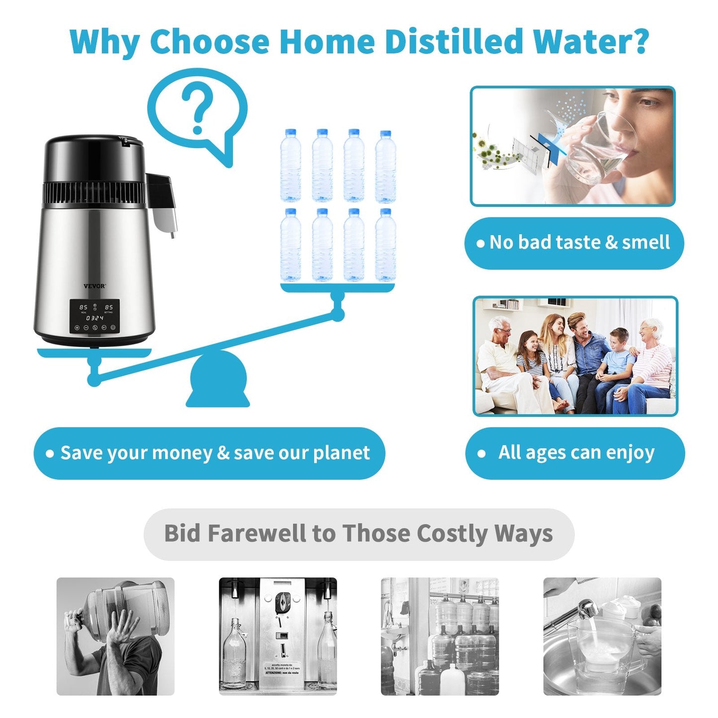 4L Water Distiller with Touch Screen & Dual Temp Control, 1 L/H, Silver