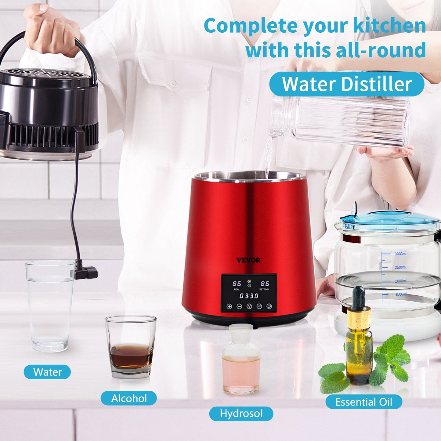4L Water Distiller with Timer and Dual Temp Control, Efficient Cooling, Red