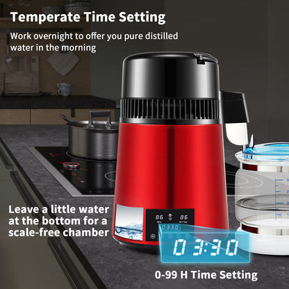 4L Water Distiller with Timer and Dual Temp Control, Efficient Cooling, Red