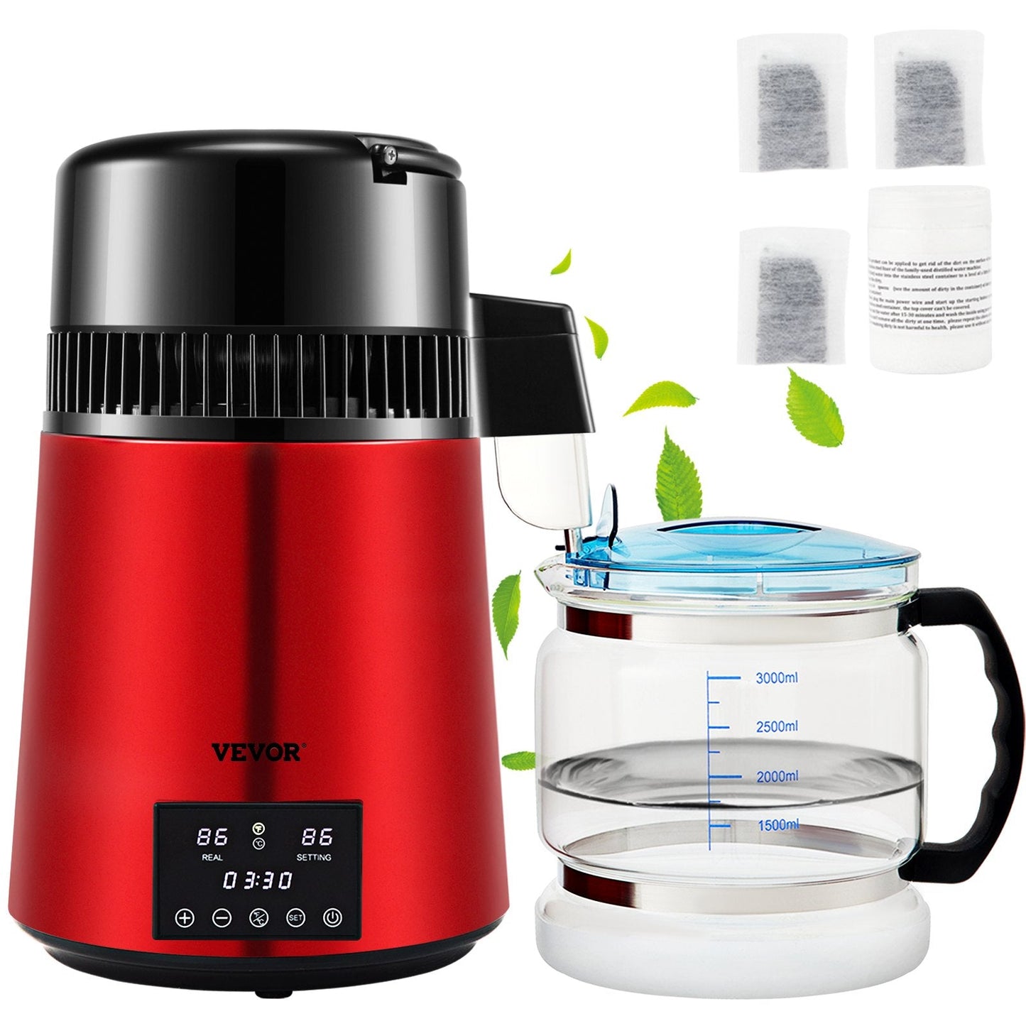 4L Water Distiller with Timer and Dual Temp Control, Efficient Cooling, Red