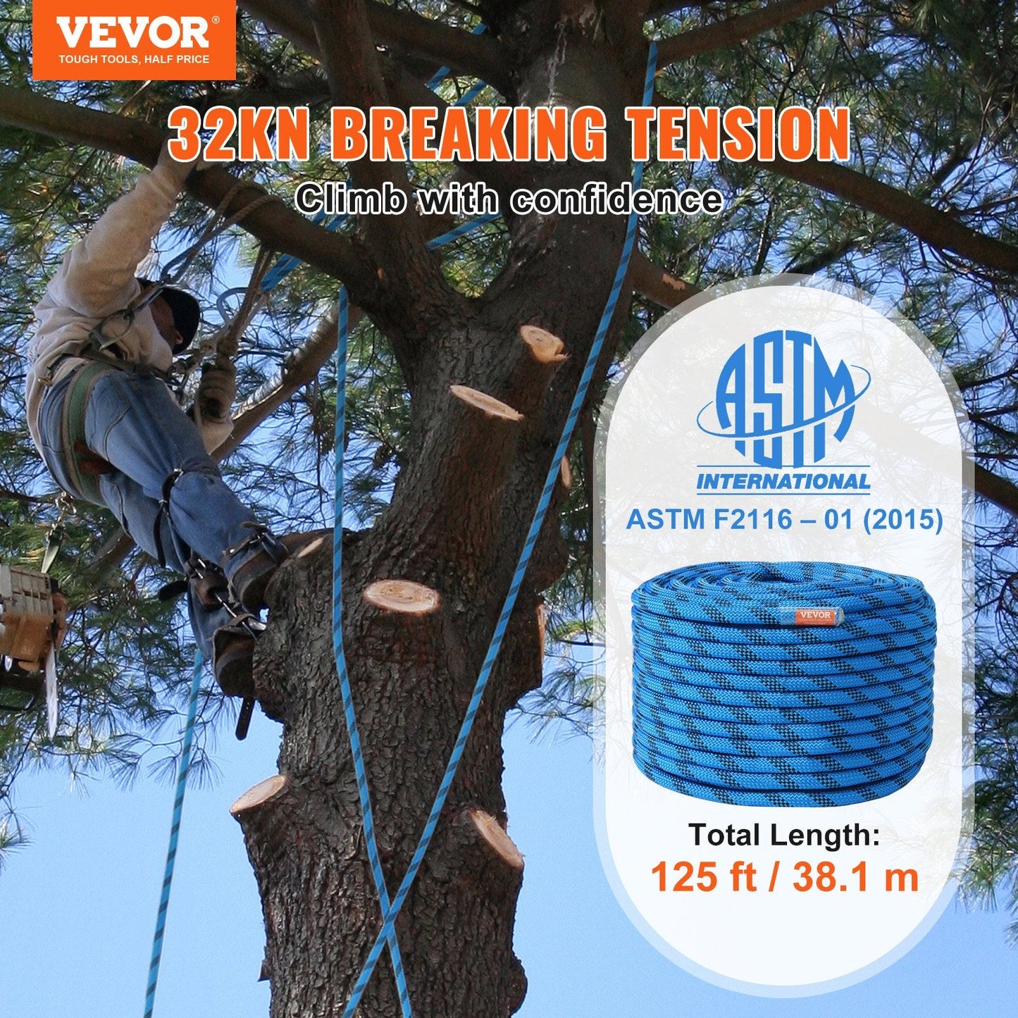 12.7mm Static Climbing Rope 38M Blue - High Strength with Storage Bag