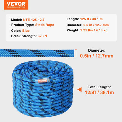 12.7mm Static Climbing Rope 38M Blue - High Strength with Storage Bag