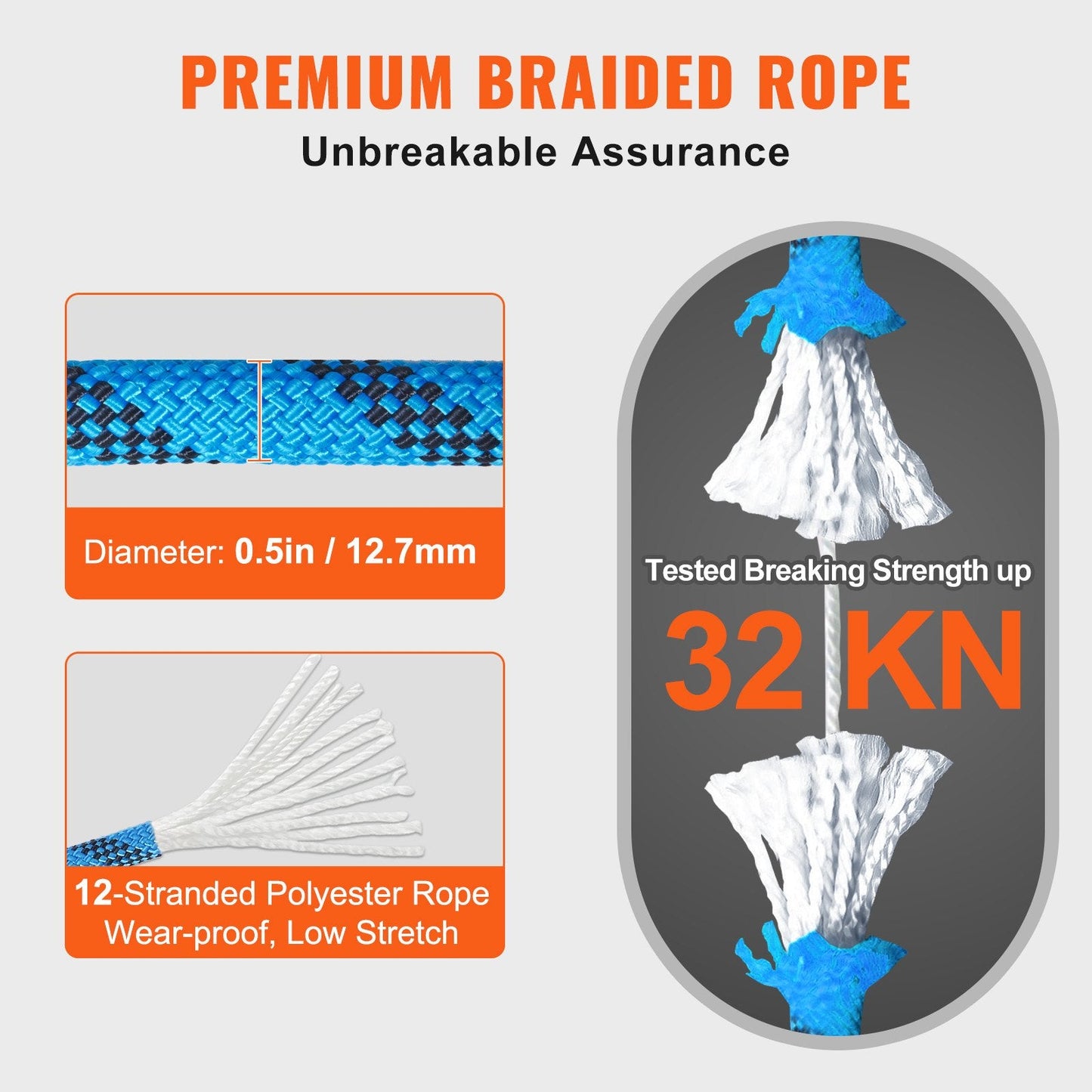 12.7mm Blue Static Climbing Rope 60.9m with Storage Bag and High Strength