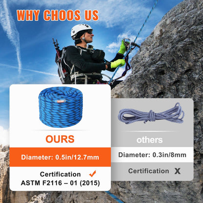 12.7mm Blue Static Climbing Rope 60.9m with Storage Bag and High Strength