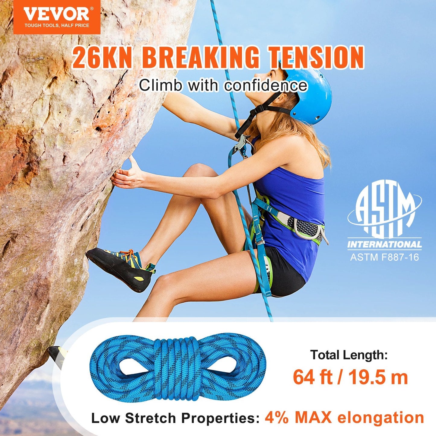 Premium 19.5m Static Climbing Rope with Carabiners, 26KN Breaking Strength