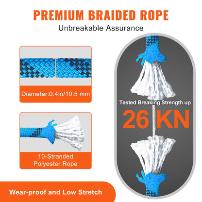 VEVOR Static Climbing Rope 64 ft Outdoor Rock Climbing Rope 0.4'' /10mm 26KN