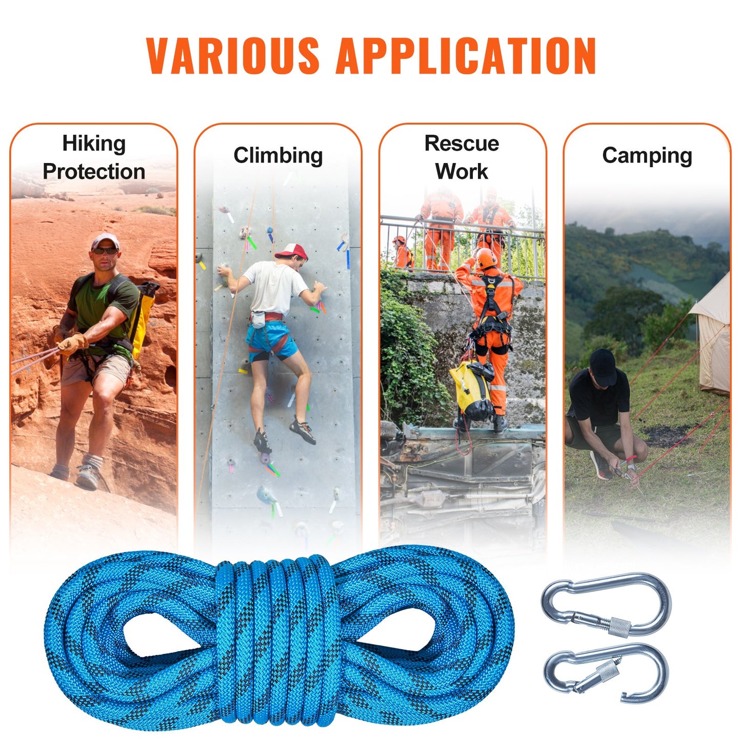 VEVOR Static Climbing Rope 64 ft Outdoor Rock Climbing Rope 0.4'' /10mm 26KN