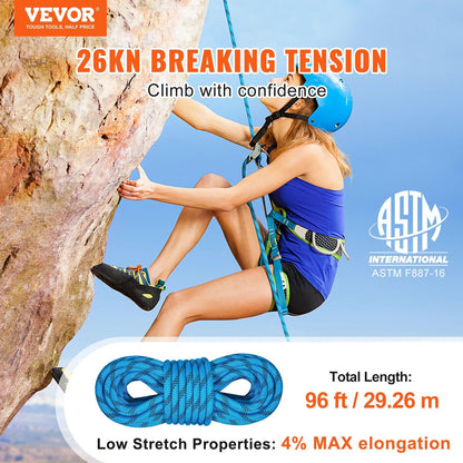 96 ft Static Outdoor Climbing Rope, 10mm, 26KN, with Carabiners & Storage Bag