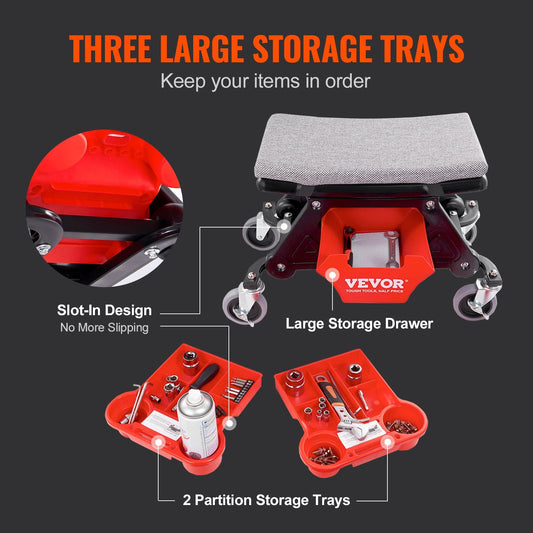 Mechanic Rolling Stool with Tool Trays, 136kg Capacity, Heavy-Duty Design
