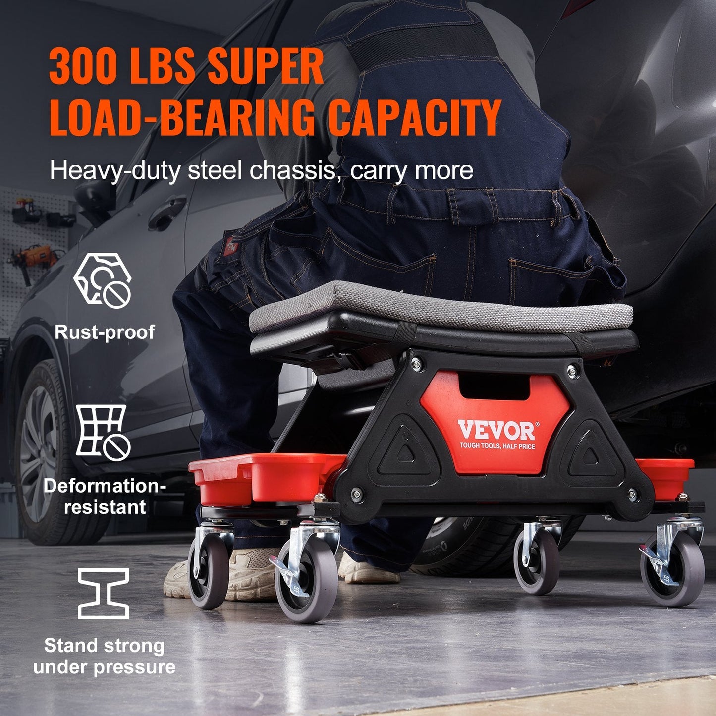 Mechanic Rolling Stool with Tool Trays, 136kg Capacity, Heavy-Duty Design
