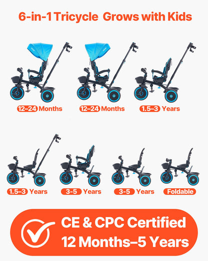 Toddler Tricycle & Stroller for 1-5 Year Old, 6-in-1 Kids Trike with Parent Push Handle, Canopy, Adjustable Seat and Storage, Tricycle for Toddlers, Birthday Toy for Boys and Girls, Blue/Black