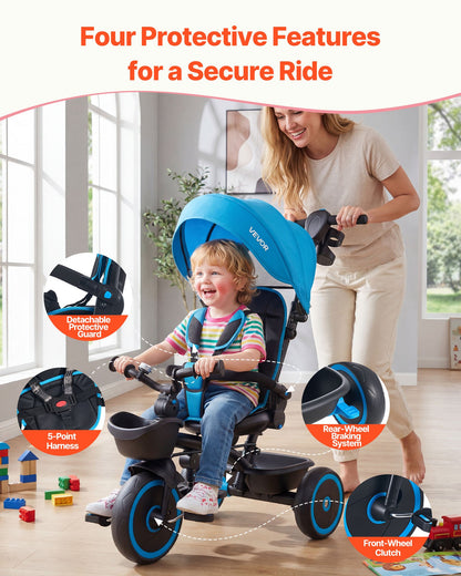Toddler Tricycle & Stroller for 1-5 Year Old, 6-in-1 Kids Trike with Parent Push Handle, Canopy, Adjustable Seat and Storage, Tricycle for Toddlers, Birthday Toy for Boys and Girls, Blue/Black