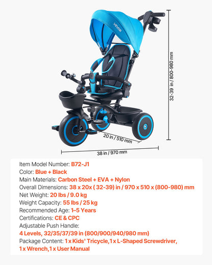 Toddler Tricycle & Stroller for 1-5 Year Old, 6-in-1 Kids Trike with Parent Push Handle, Canopy, Adjustable Seat and Storage, Tricycle for Toddlers, Birthday Toy for Boys and Girls, Blue/Black