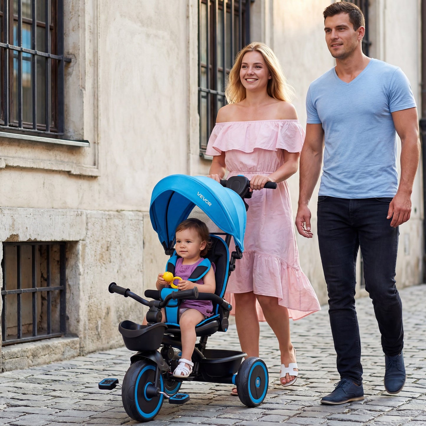 Toddler Tricycle & Stroller for 1-5 Year Old, 6-in-1 Kids Trike with Parent Push Handle, Canopy, Adjustable Seat and Storage, Tricycle for Toddlers, Birthday Toy for Boys and Girls, Blue/Black
