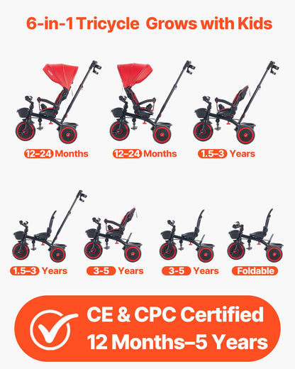 Toddler Tricycle & Stroller for 1-5 Year Old, 6-in-1 Kids Trike with Parent Push Handle, Canopy, Adjustable Seat and Storage, Tricycle for Toddlers, Birthday Toy for Boys and Girls, Red/Black