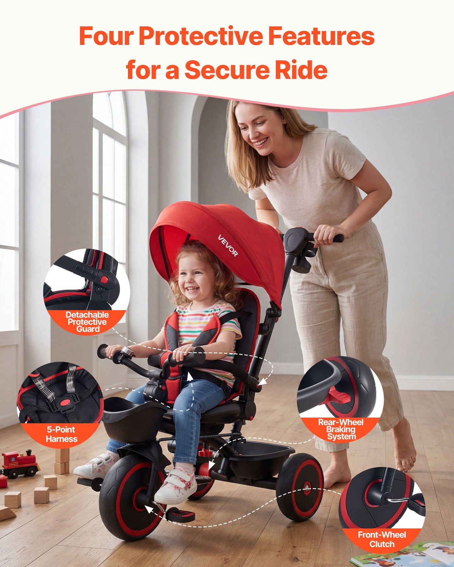 Toddler Tricycle & Stroller for 1-5 Year Old, 6-in-1 Kids Trike with Parent Push Handle, Canopy, Adjustable Seat and Storage, Tricycle for Toddlers, Birthday Toy for Boys and Girls, Red/Black