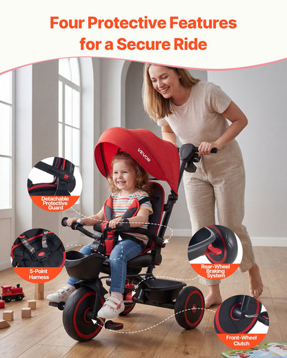 Toddler Tricycle & Stroller for 1-5 Year Old, 6-in-1 Kids Trike with Parent Push Handle, Canopy, Adjustable Seat and Storage, Tricycle for Toddlers, Birthday Toy for Boys and Girls, Red/Black