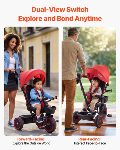 Toddler Tricycle & Stroller for 1-5 Year Old, 6-in-1 Kids Trike with Parent Push Handle, Canopy, Adjustable Seat and Storage, Tricycle for Toddlers, Birthday Toy for Boys and Girls, Red/Black