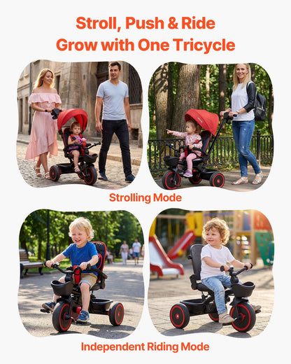 Toddler Tricycle & Stroller for 1-5 Year Old, 6-in-1 Kids Trike with Parent Push Handle, Canopy, Adjustable Seat and Storage, Tricycle for Toddlers, Birthday Toy for Boys and Girls, Red/Black