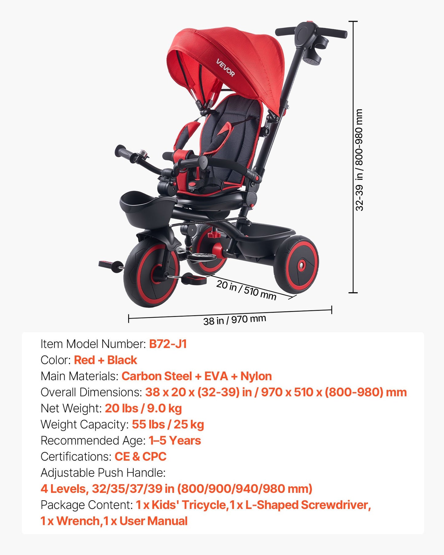 Toddler Tricycle & Stroller for 1-5 Year Old, 6-in-1 Kids Trike with Parent Push Handle, Canopy, Adjustable Seat and Storage, Tricycle for Toddlers, Birthday Toy for Boys and Girls, Red/Black