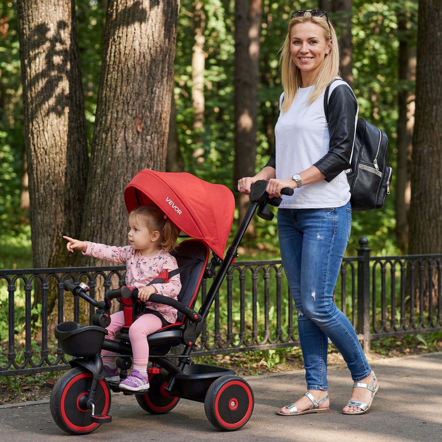 Toddler Tricycle & Stroller for 1-5 Year Old, 6-in-1 Kids Trike with Parent Push Handle, Canopy, Adjustable Seat and Storage, Tricycle for Toddlers, Birthday Toy for Boys and Girls, Red/Black