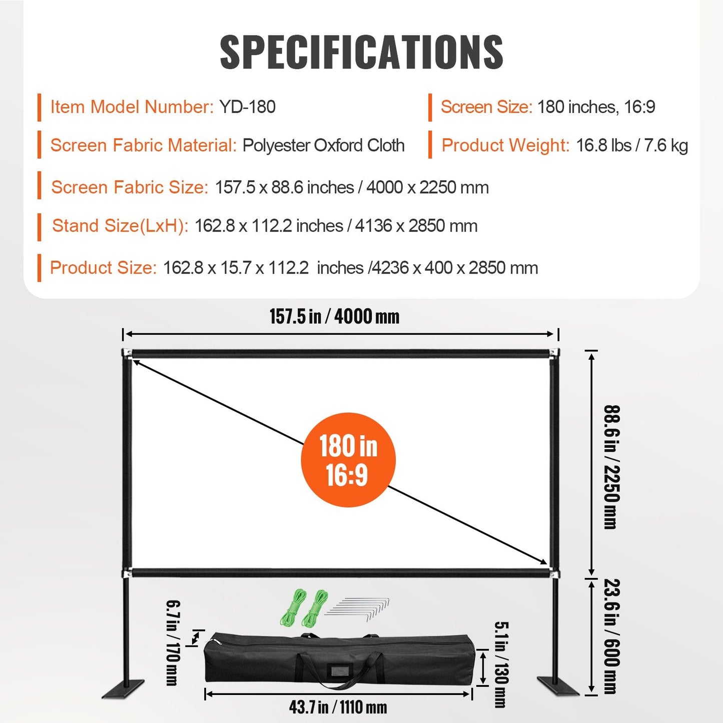 Outdoor Movie Screen with Stand, 4.5m, 16:9 HD, Wide Angle, Easy Setup