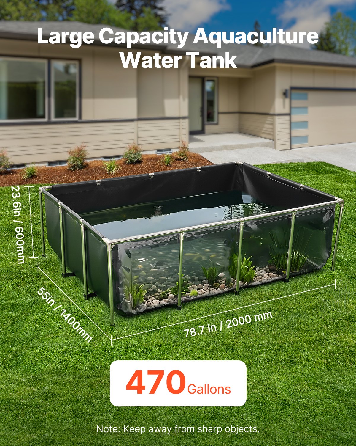 Canvas Fish Pond, 1781.3L Above Ground Fish Pond, PVC Koi Tank with Clear Viewing Panel, Rectangular Goldfish Tank with Stainless Steel Frame & Drain Valve, for Breeding Koi, Irrigation(Black)