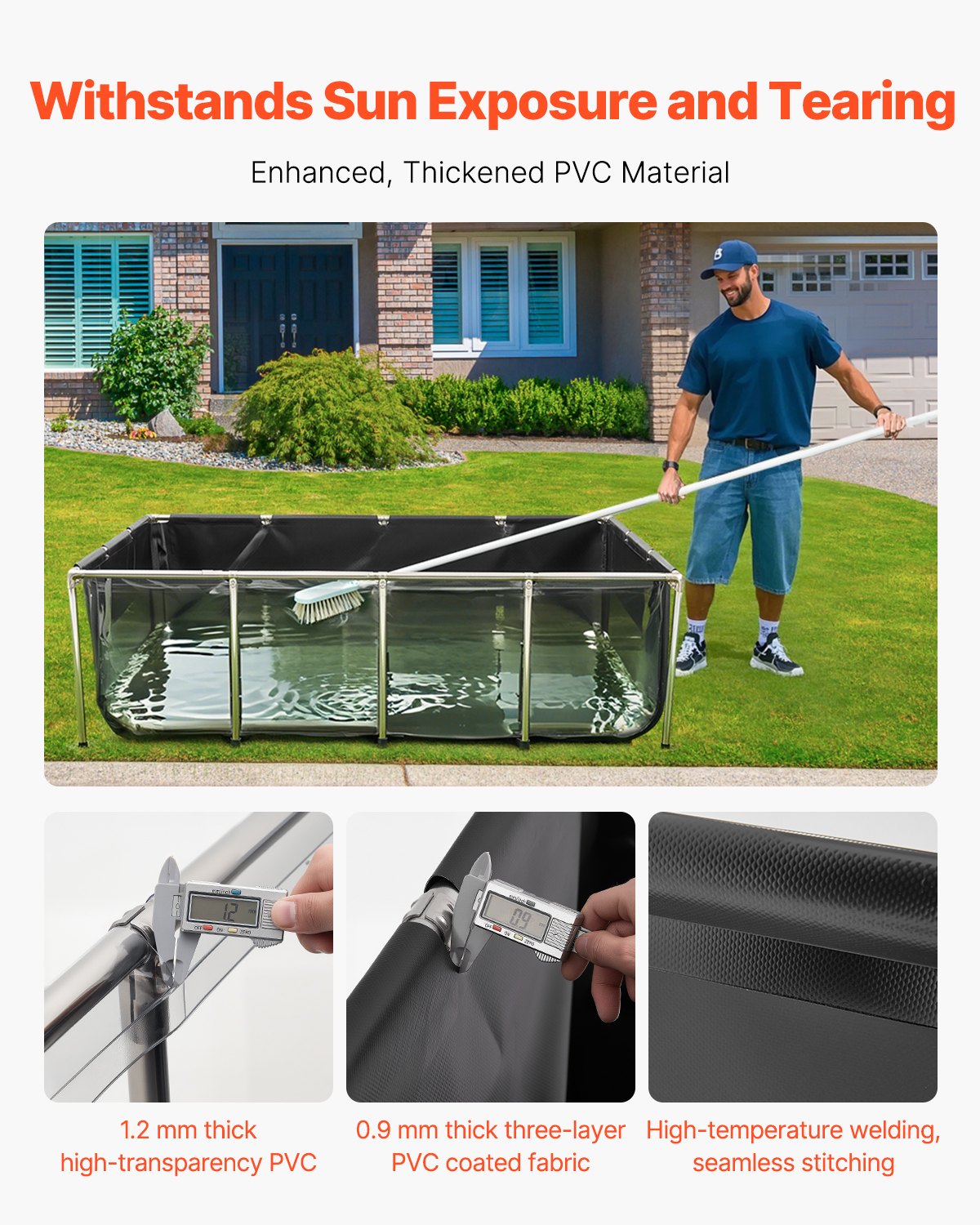 Canvas Fish Pond, 1781.3L Above Ground Fish Pond, PVC Koi Tank with Clear Viewing Panel, Rectangular Goldfish Tank with Stainless Steel Frame & Drain Valve, for Breeding Koi, Irrigation(Black)