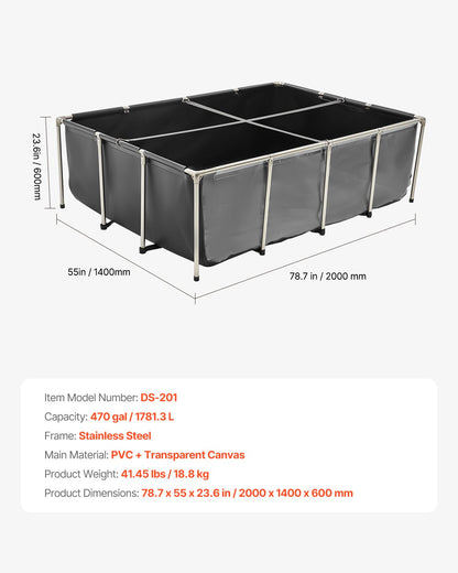 Canvas Fish Pond, 1781.3L Above Ground Fish Pond, PVC Koi Tank with Clear Viewing Panel, Rectangular Goldfish Tank with Stainless Steel Frame & Drain Valve, for Breeding Koi, Irrigation(Black)