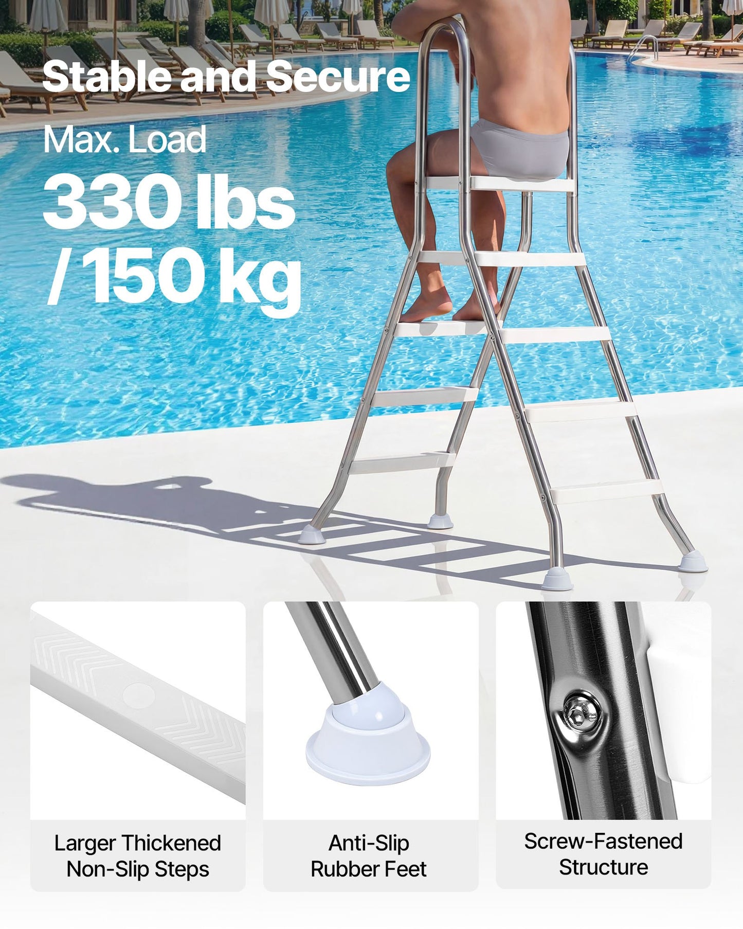 Above Ground Pool Ladder, Stainless Steel A-Frame Swimming Pool Stairs for 125 cm High Wall, 150 kg Capacity Heavy Duty Entry/Exit Steps with Secure Non-Slip 4 Steps and Platform, Silver