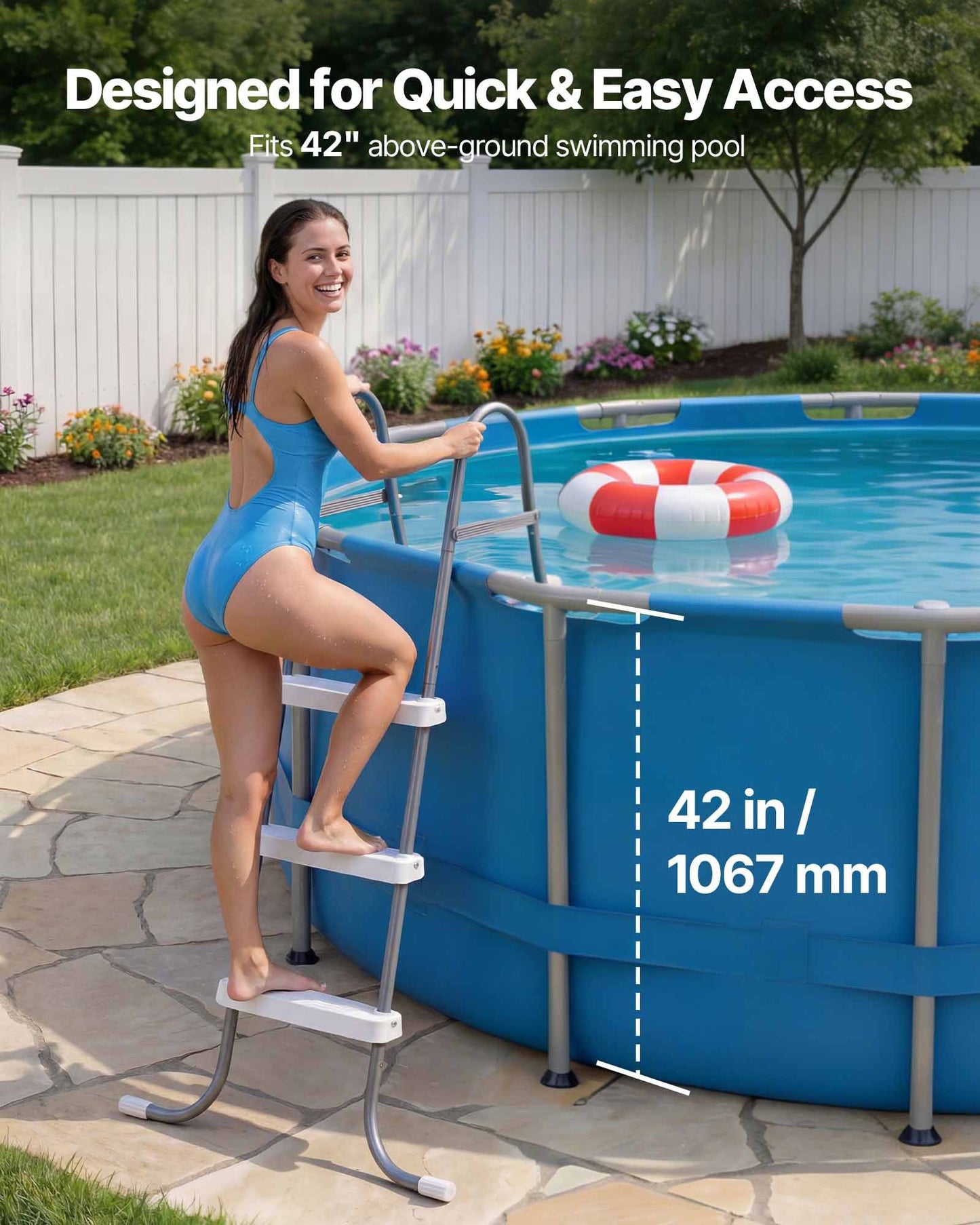 Above Ground Pool Ladder, 3-Step Steel A-Frame Swimming Pool Stairs for 106.7 cm High Wall, 136 kg Capacity Entry/Exit Steps with Secure Non-Slip Sturdy Wide Step, Easy Setup, Gray & White